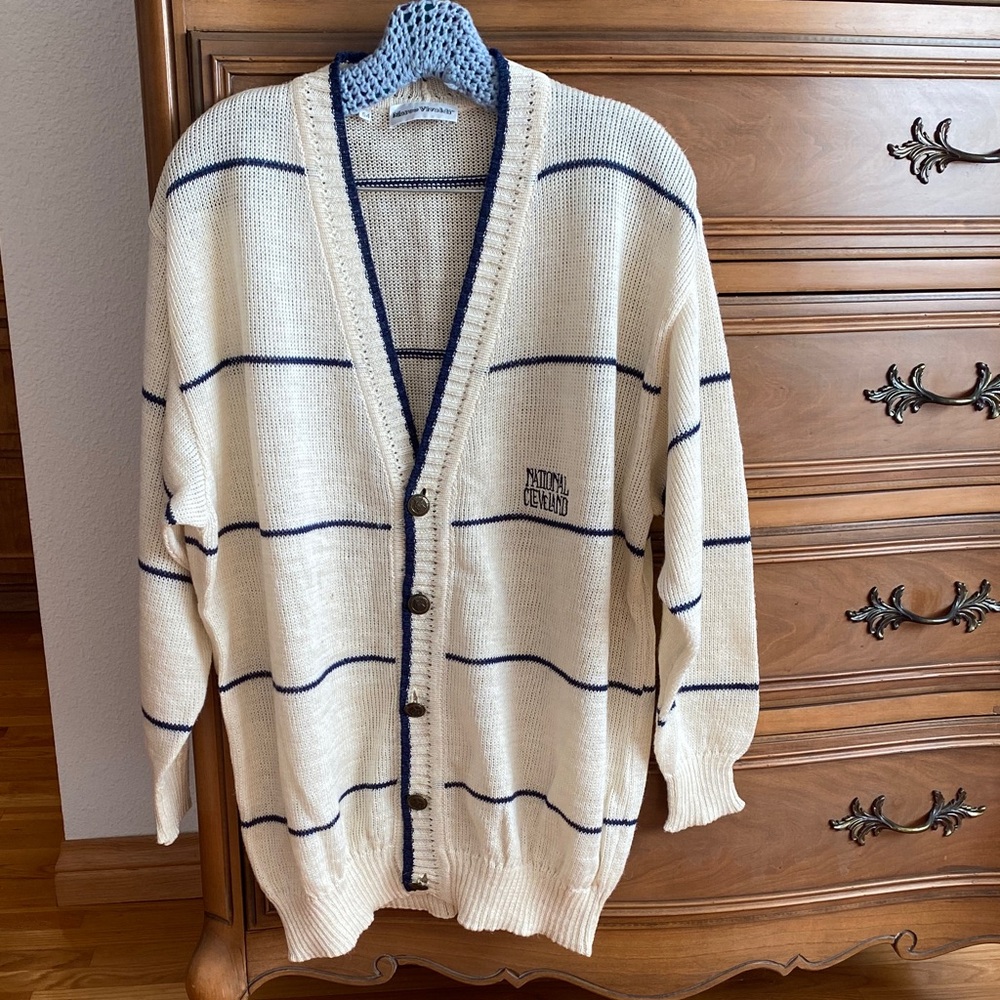 Cream & Navy Striped Button-Front Cardigan Sweater